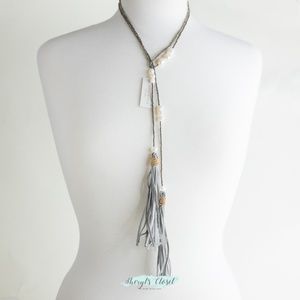 Long Lariat Style Necklace Grey Tassels pearls